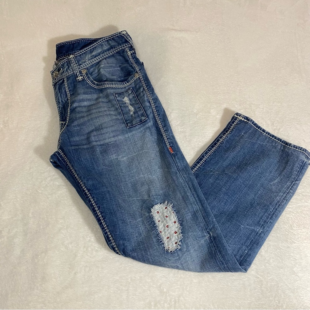 True Religion Jeans 112790 World Tour Straight Leg T Red Patchwork SZ 34 X 30